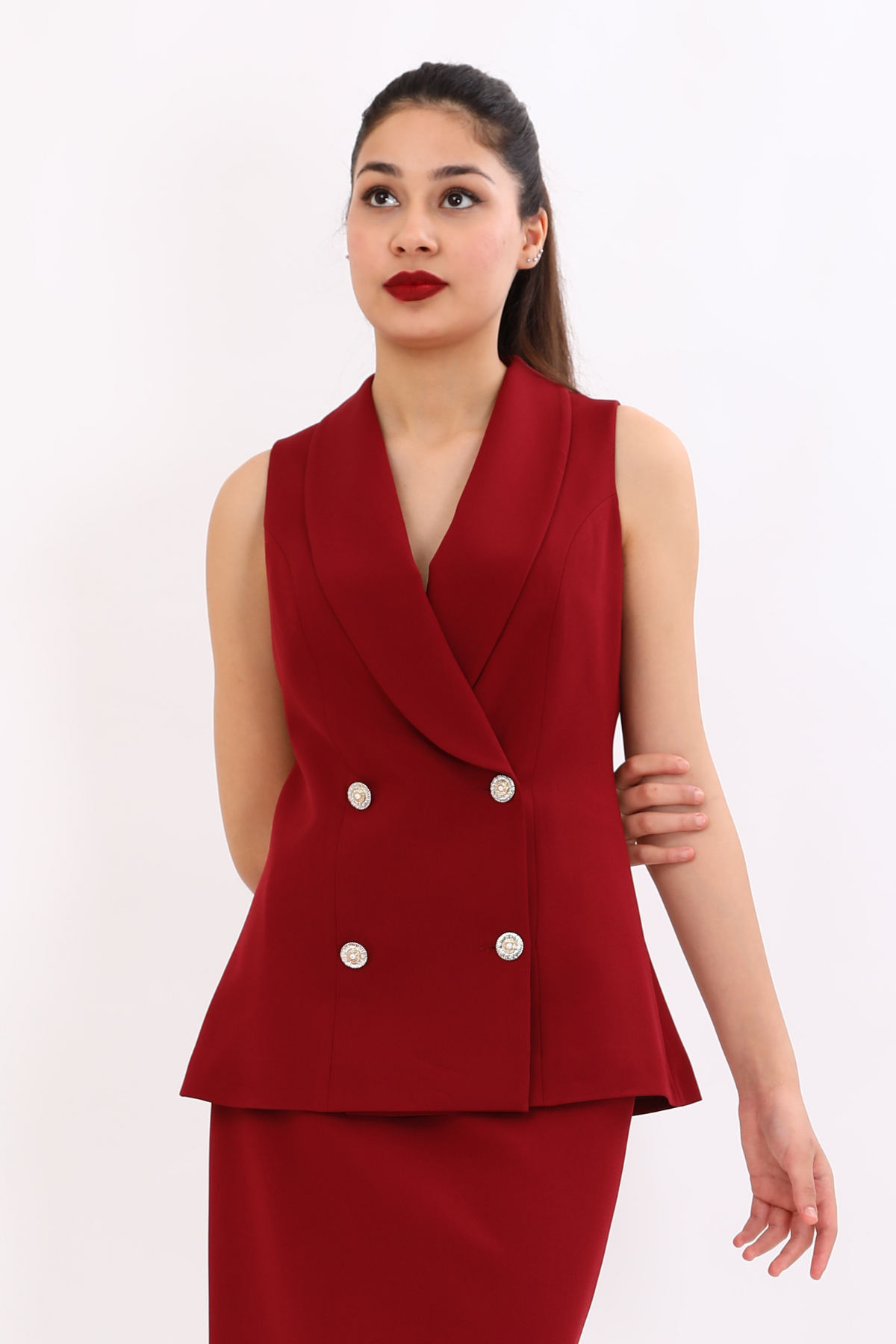 Şal Yaka Kruvaze Modern Kadın Yelek-Bordo