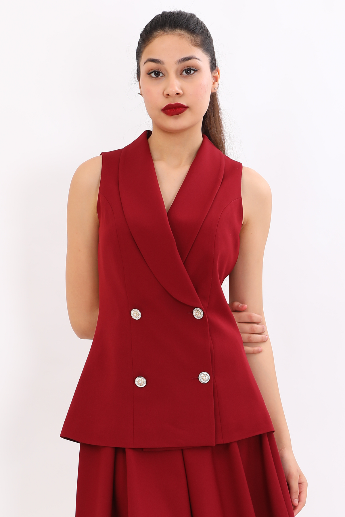 Şal Yaka Kruvaze Modern Kadın Yelek-Bordo