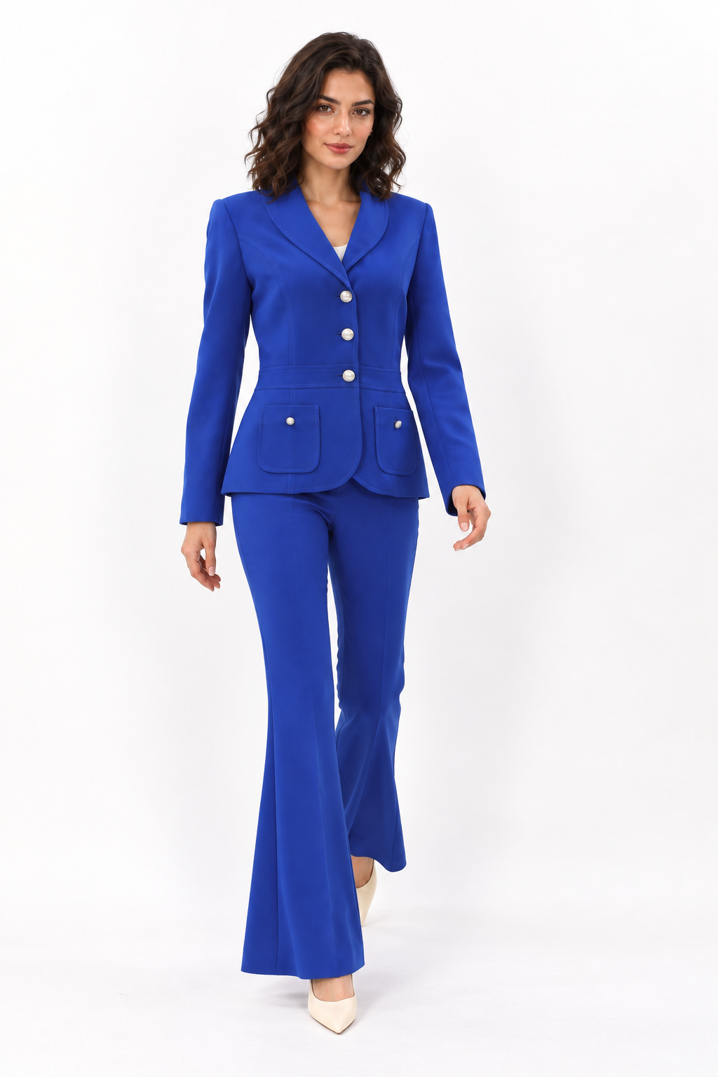 Şal Yaka Torba Cepli Spor Ceket & Cepli İspanyol Paça Pantolon Kadın Takım Elbise-Saks - 1194506