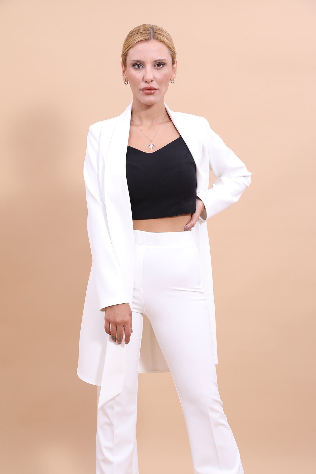 Şal Yaka Uzun Ceket-Beyaz - 1001100