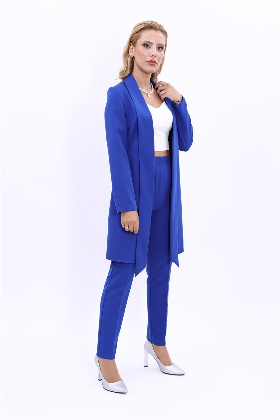 Şal Yaka Uzun Ceket & Dar Paça Pantolon-Saks - 1001510