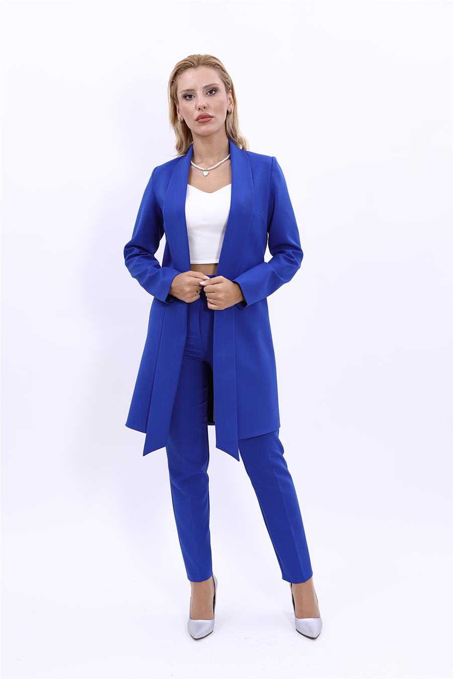 Şal Yaka Uzun Ceket & Dar Paça Pantolon-Saks - 1001510