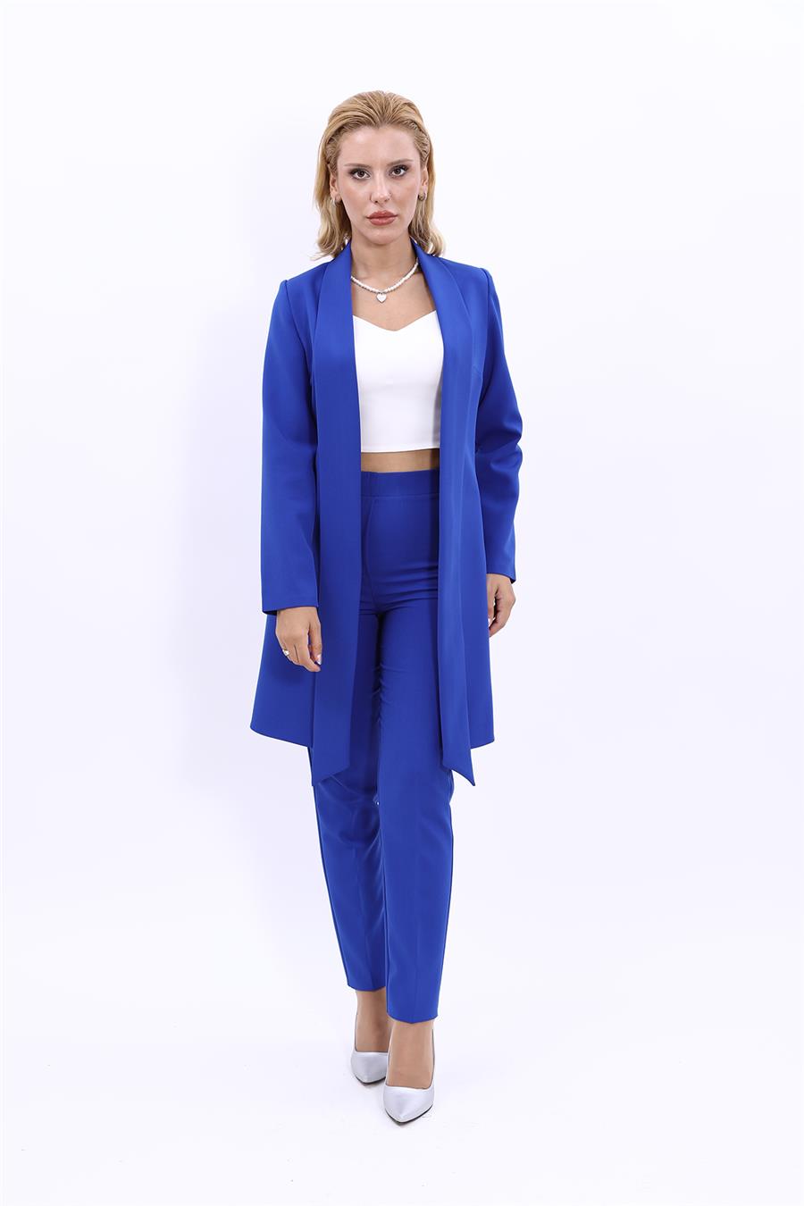 Şal Yaka Uzun Ceket & Dar Paça Pantolon-Saks - 1001510
