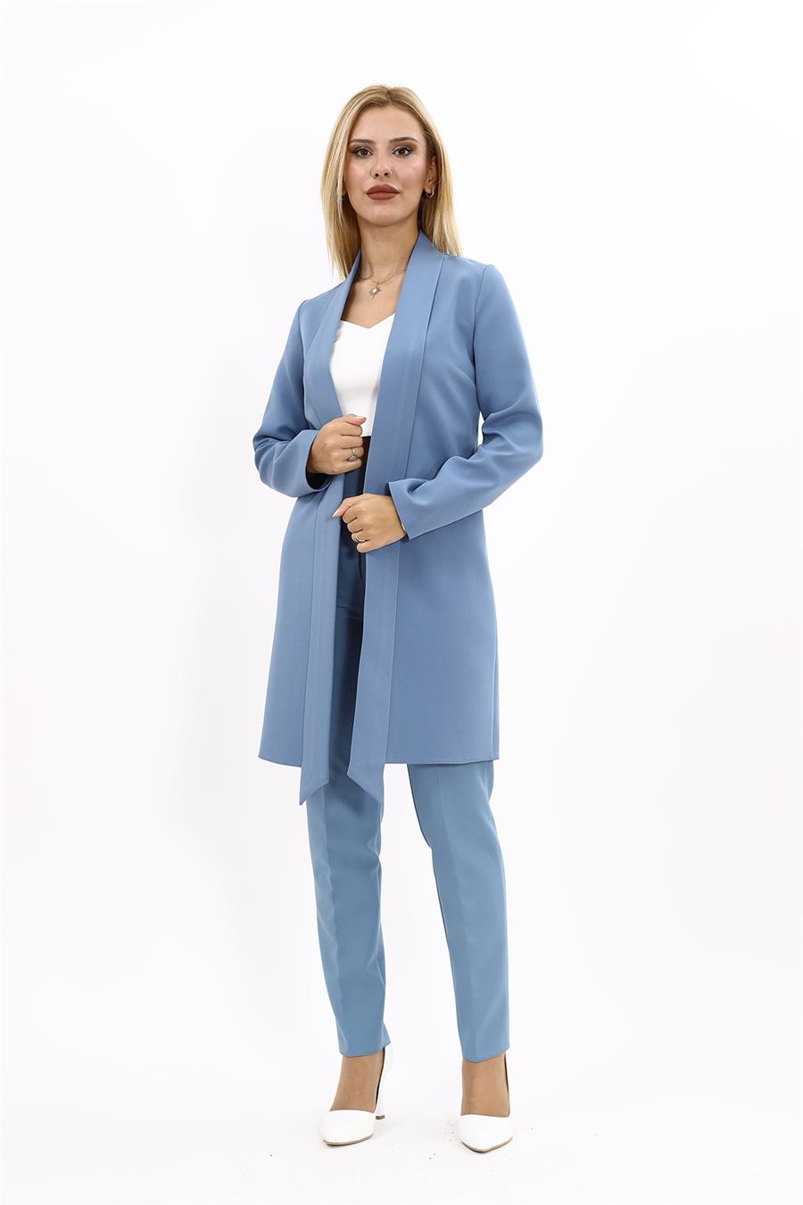 Şal Yaka Uzun Ceket & Dar Paça Pantolon-Deniz - 1001510