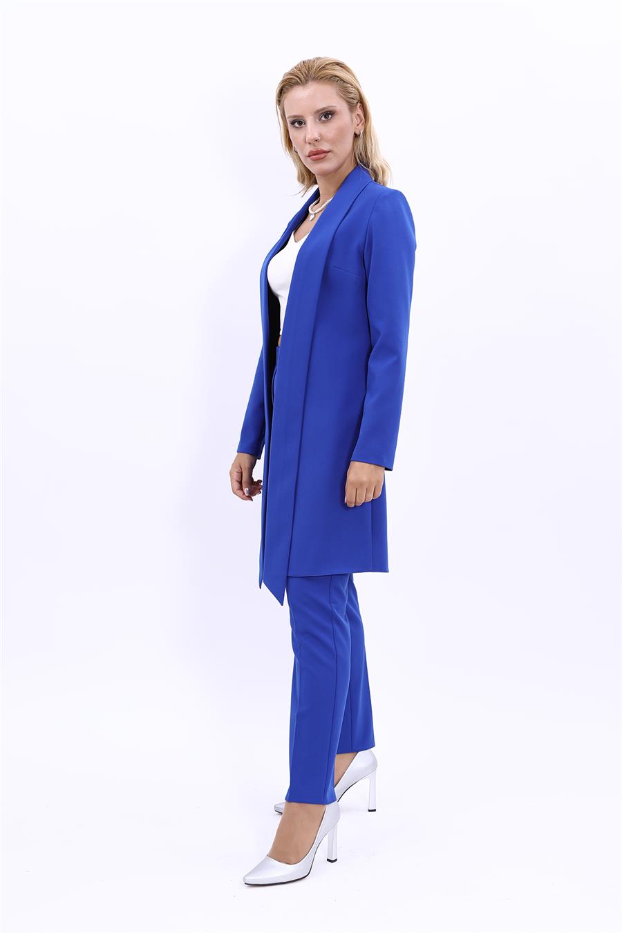 Şal Yaka Uzun Ceket & Dar Paça Pantolon-Saks - 1001510