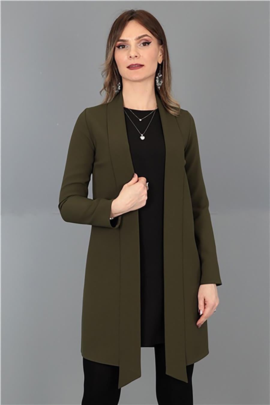 Şal Yaka Uzun Ceket-Haki