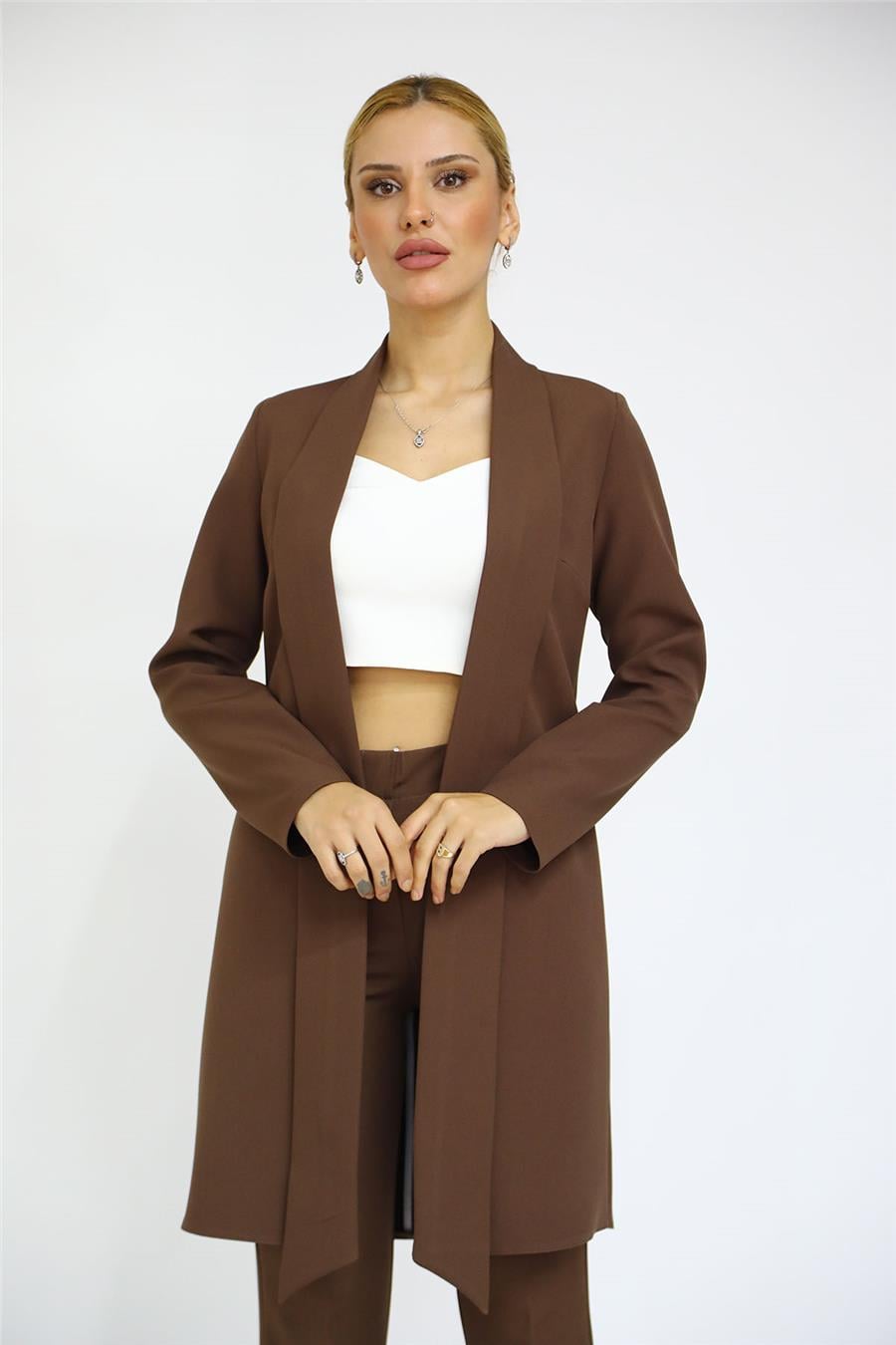 Şal Yaka Uzun Ceket-Kestane