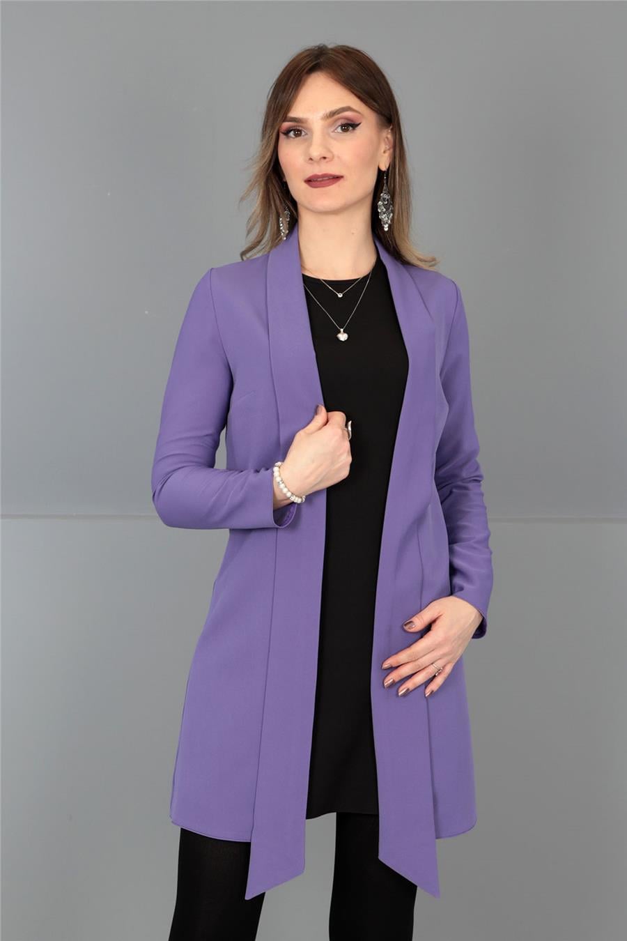 Şal Yaka Uzun Ceket-Lila