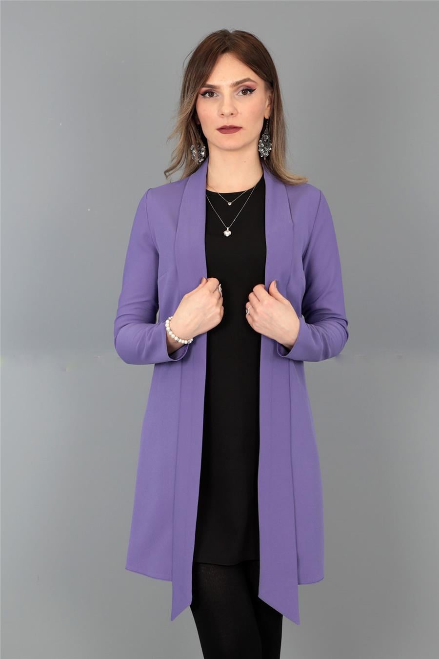 Şal Yaka Uzun Ceket-Lila