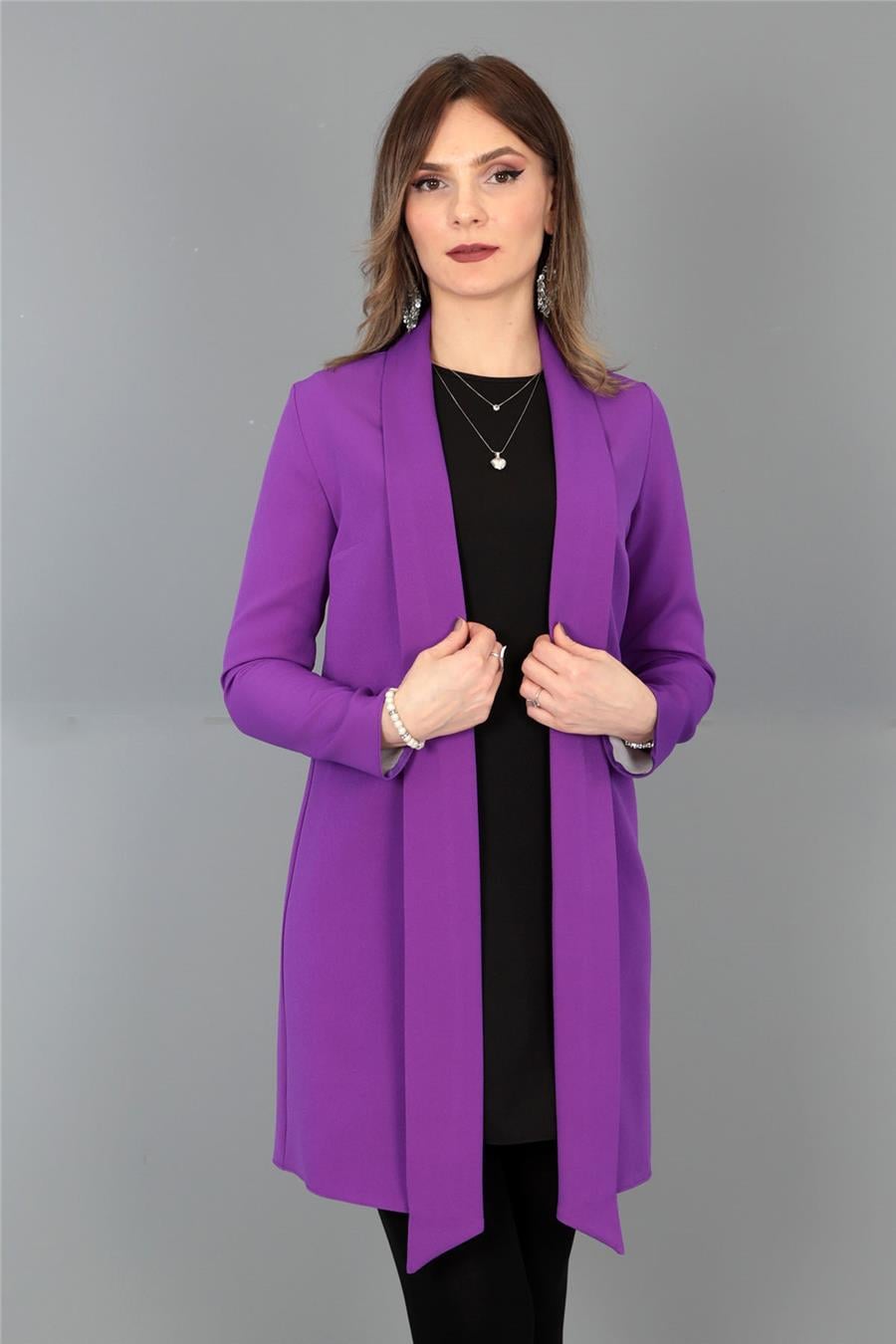 Şal Yaka Uzun Ceket-Mor