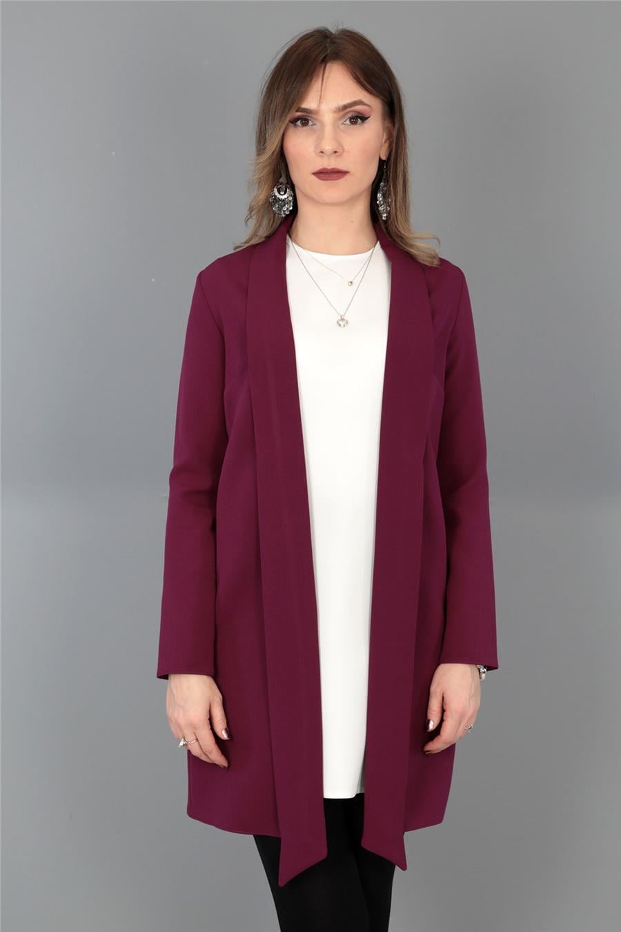 Şal Yaka Uzun Ceket-Mürdüm