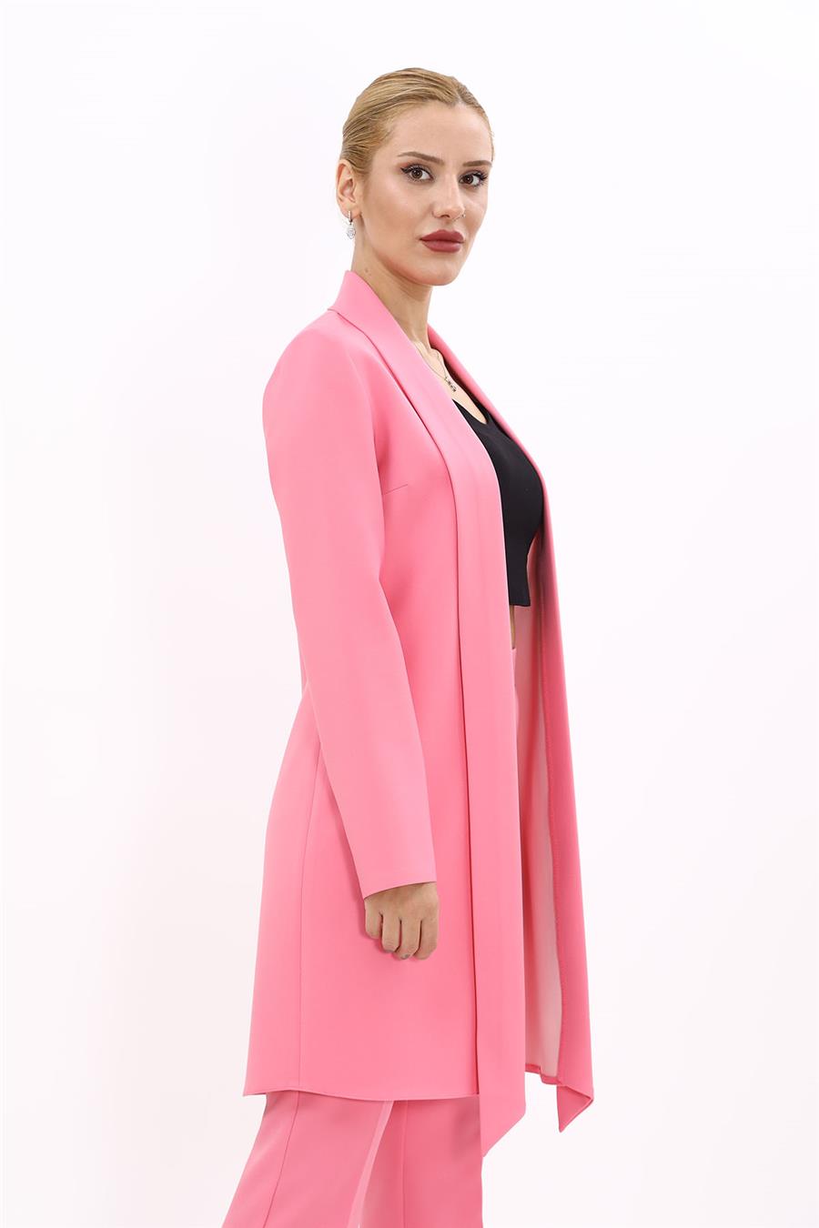 Şal Yaka Uzun Ceket-Pembe