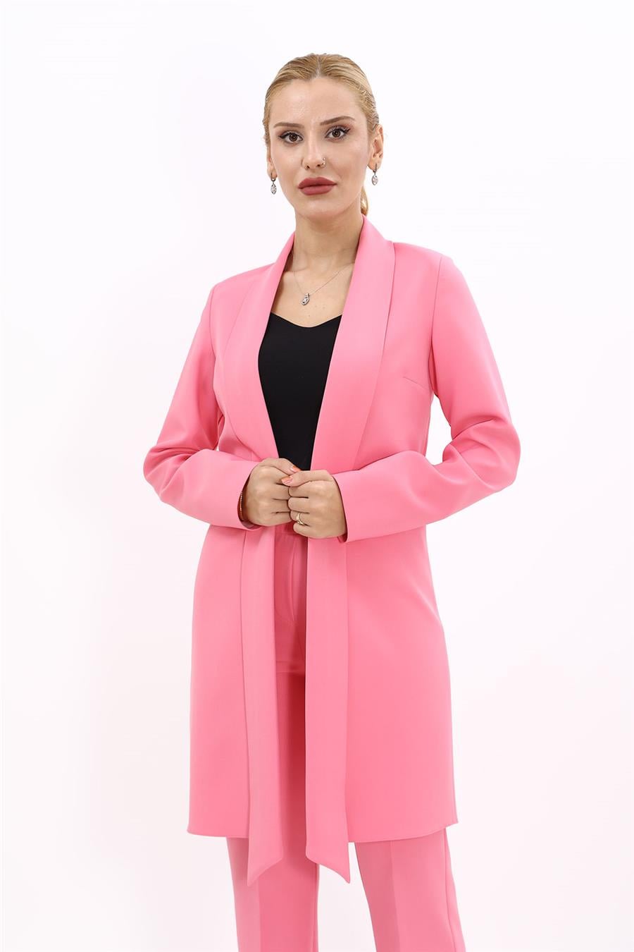Şal Yaka Uzun Ceket-Pembe