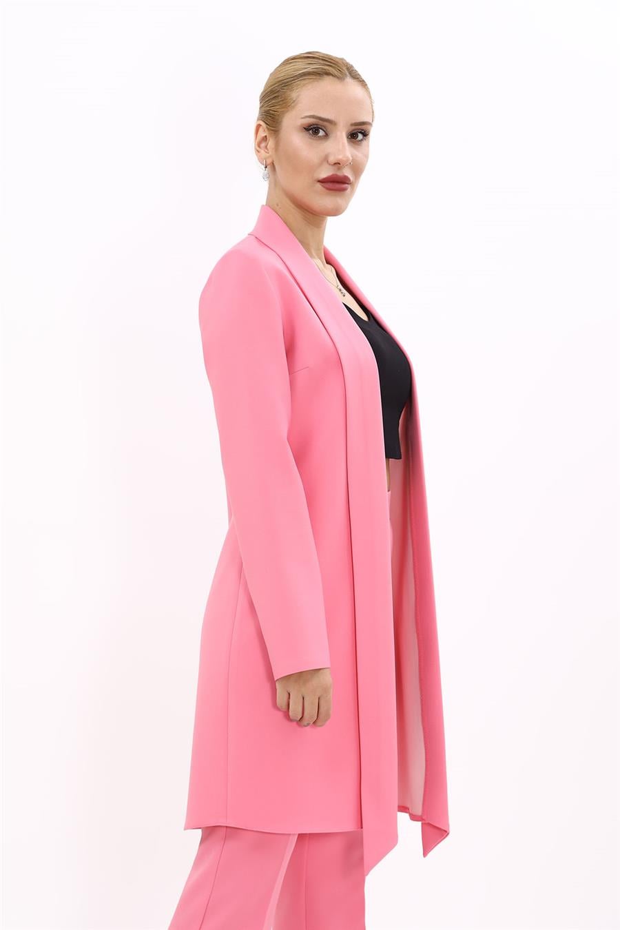 Şal Yaka Uzun Ceket-Pembe