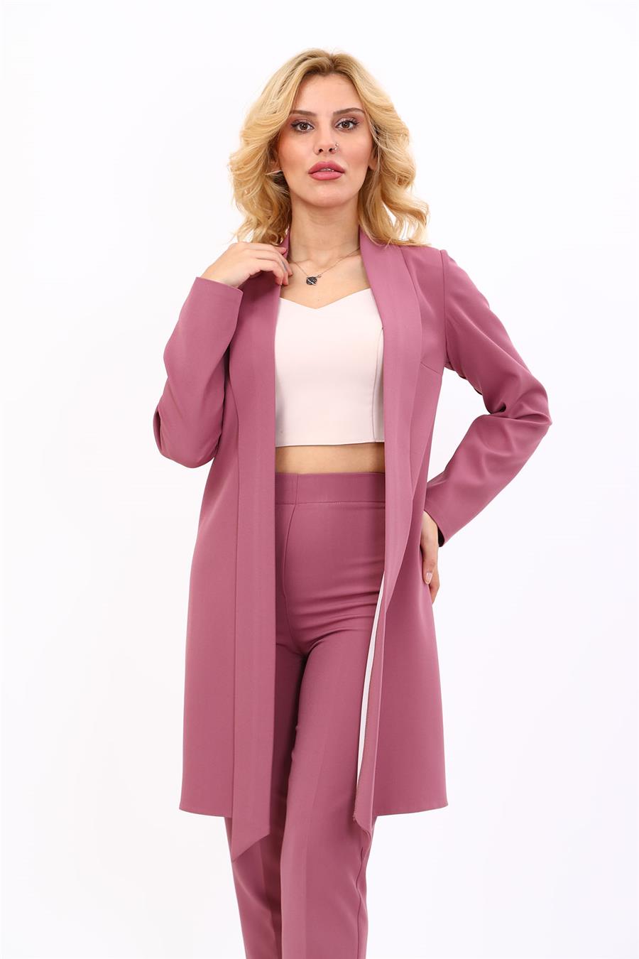 Şal Yaka Uzun Ceket-Rose