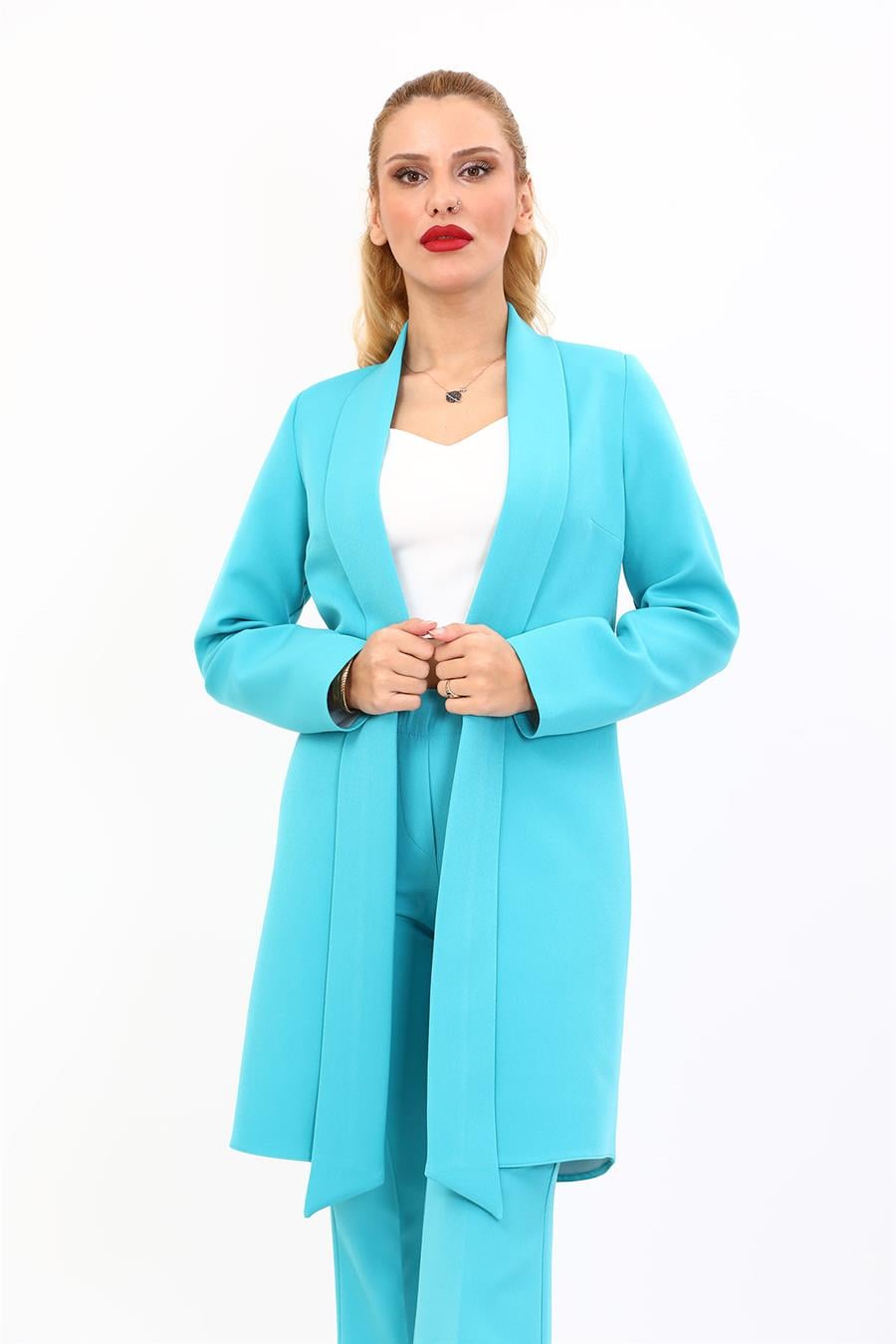 Şal Yaka Uzun Ceket-Turkuaz