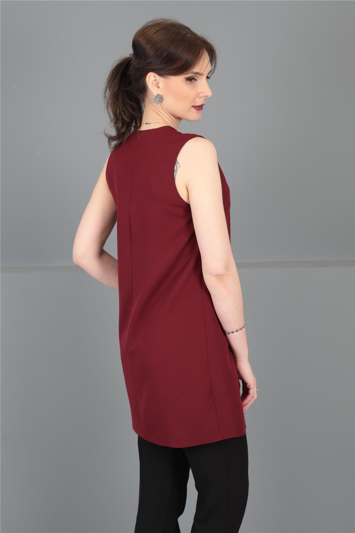 Sıfır Yaka Kolsuz Bluz- Bordo - 3001100