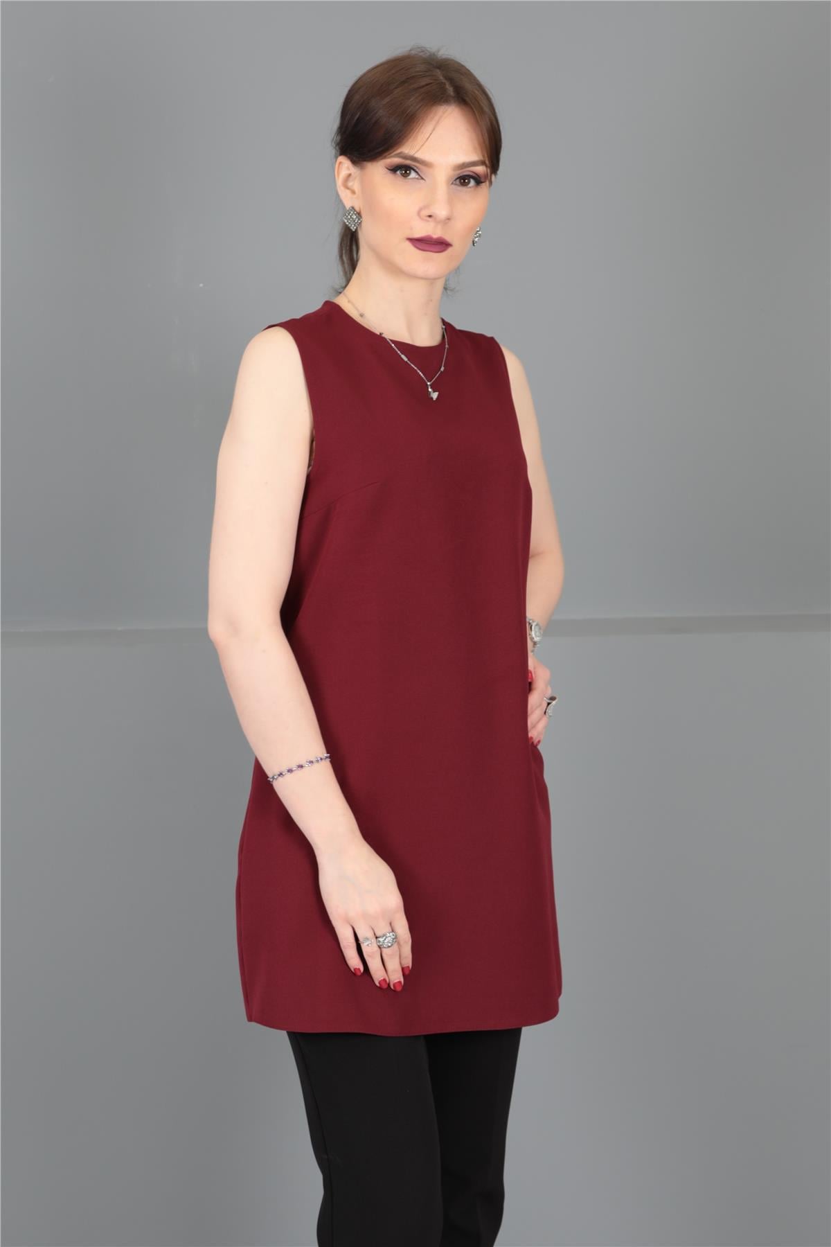 Sıfır Yaka Kolsuz Bluz- Bordo - 3001100