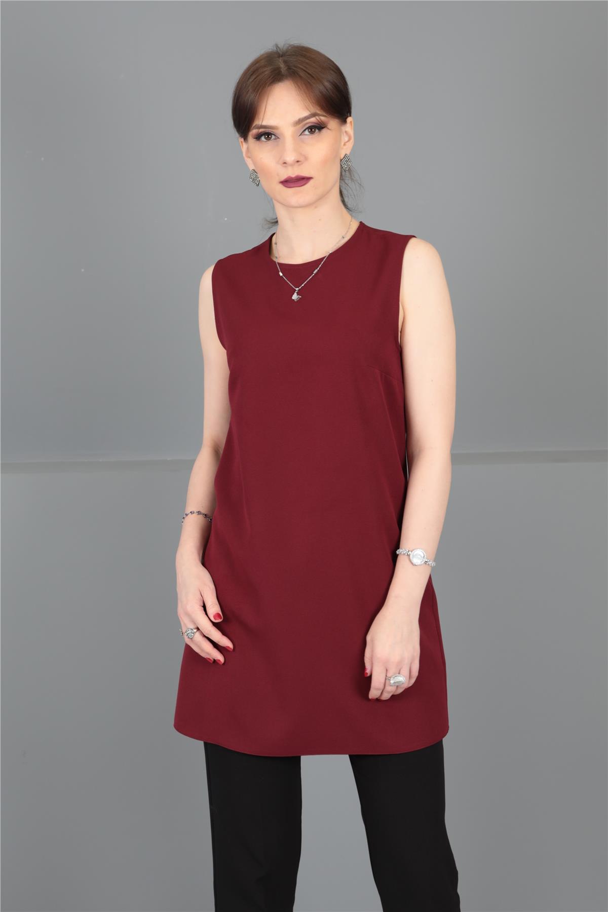 Sıfır Yaka Kolsuz Bluz- Bordo - 3001100