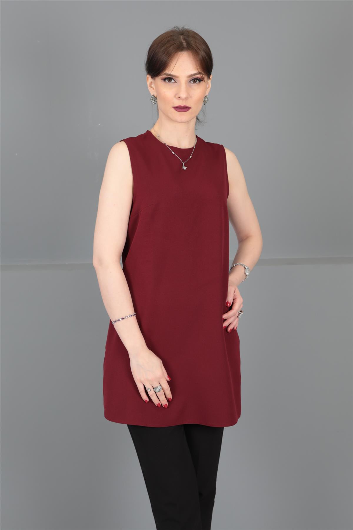 Sıfır Yaka Kolsuz Bluz- Bordo - 3001100