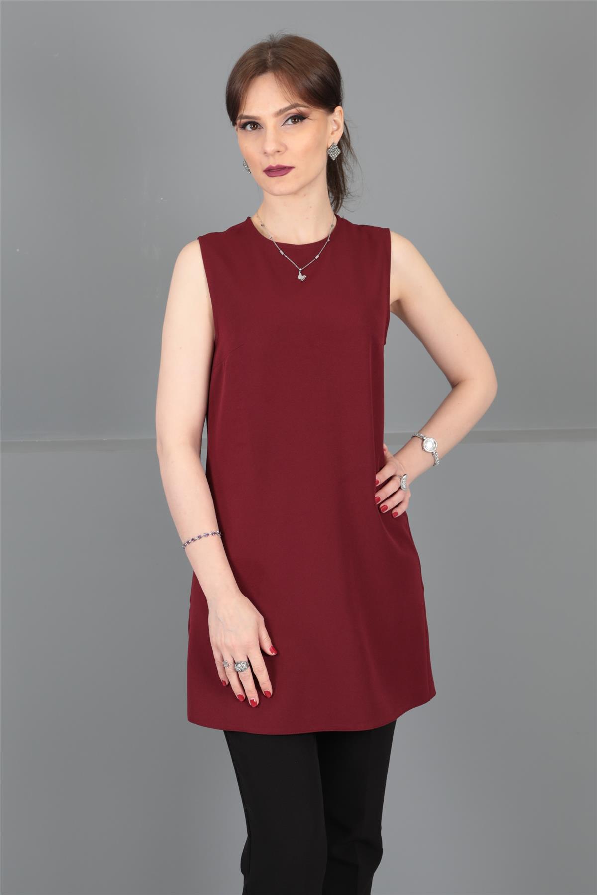 Sıfır Yaka Kolsuz Bluz- Bordo - 3001100