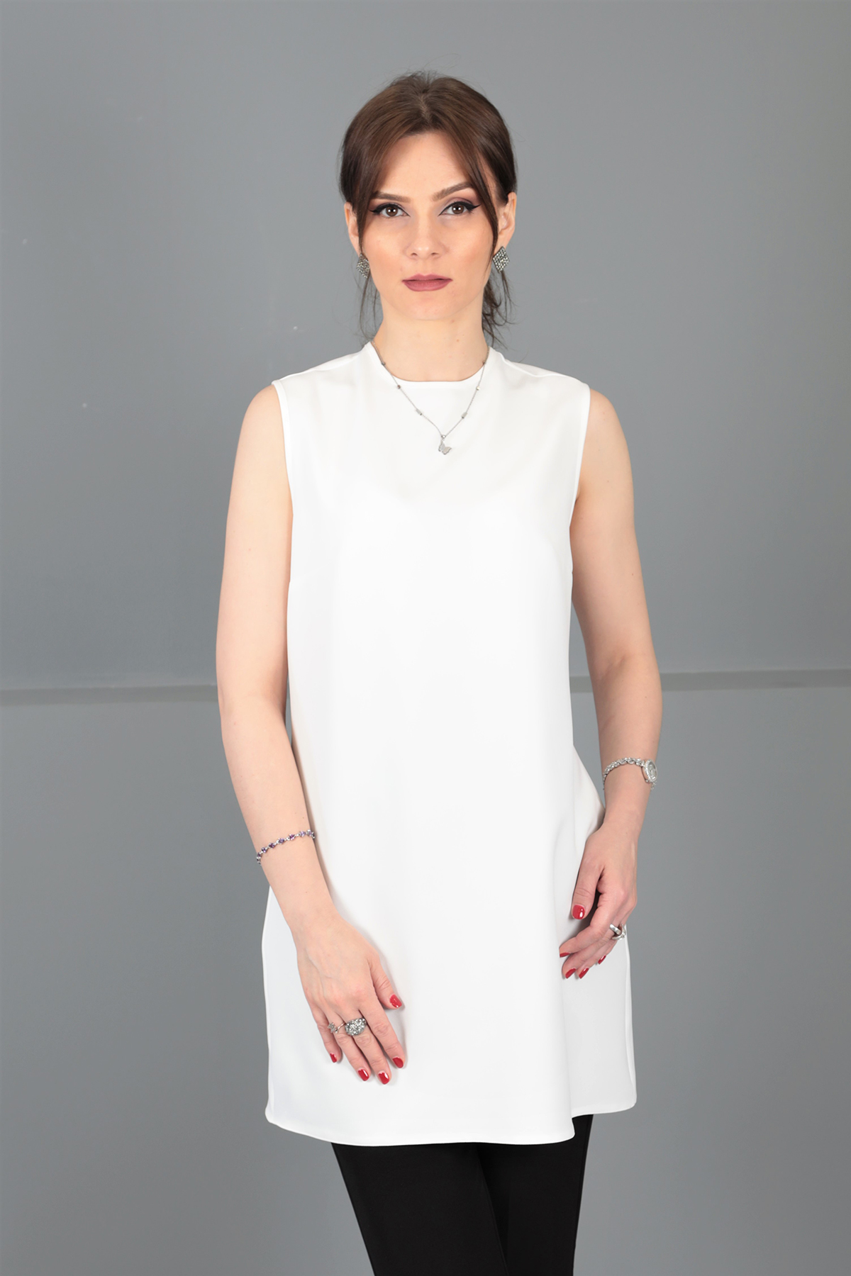 Sıfır Yaka Kolsuz Bluz- Beyaz - 3001100