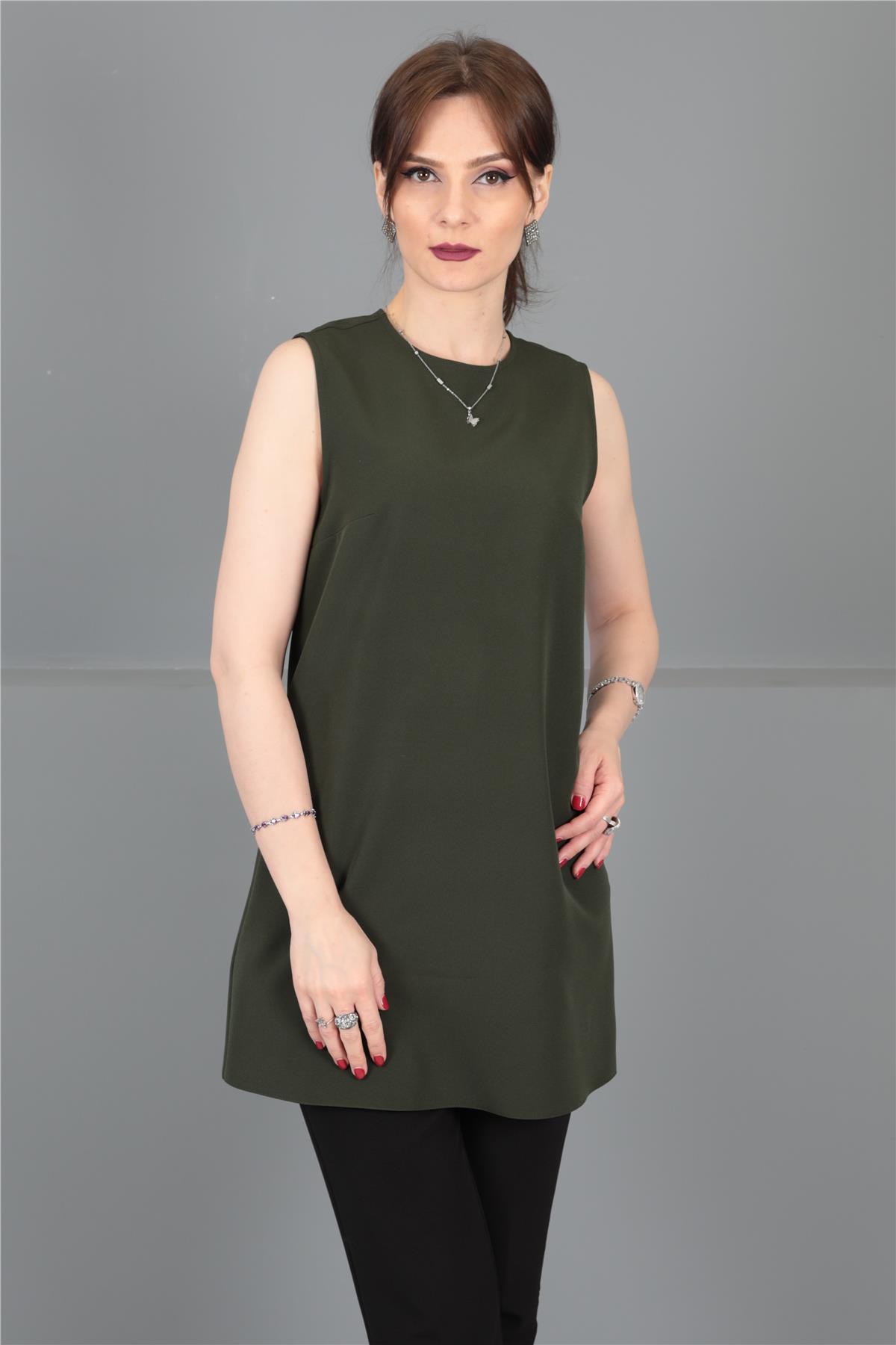 Sıfır Yaka Kolsuz Bluz- Haki - 3001100