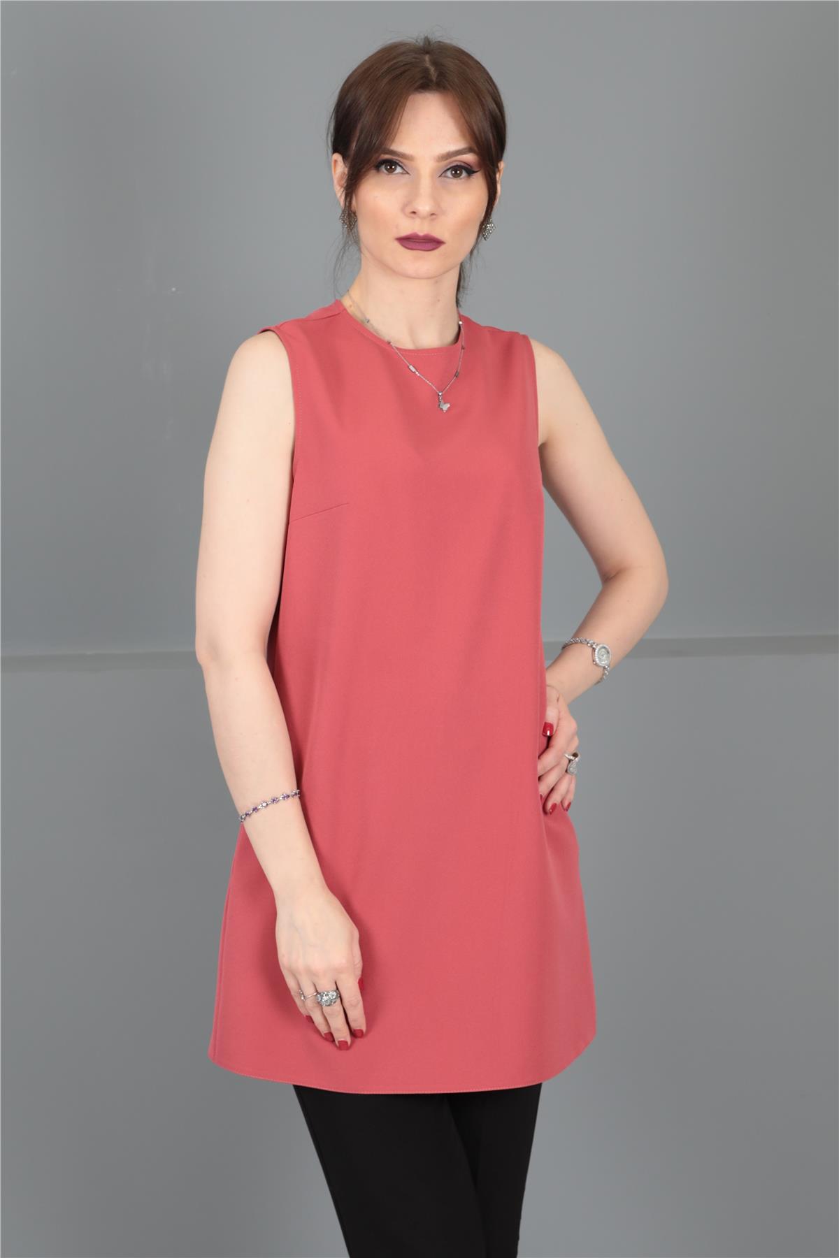 Sıfır Yaka Kolsuz Bluz-Kiremit - 3001100