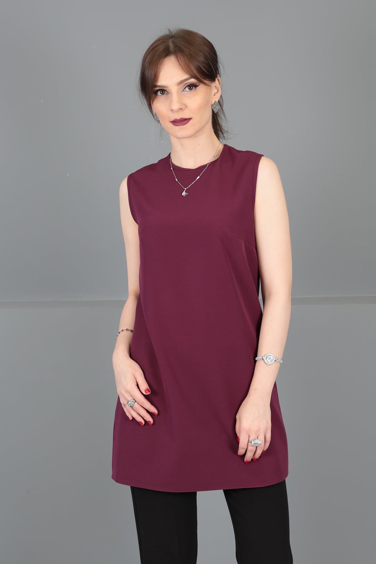 Sıfır Yaka Kolsuz Bluz- Mürdüm - 3001100