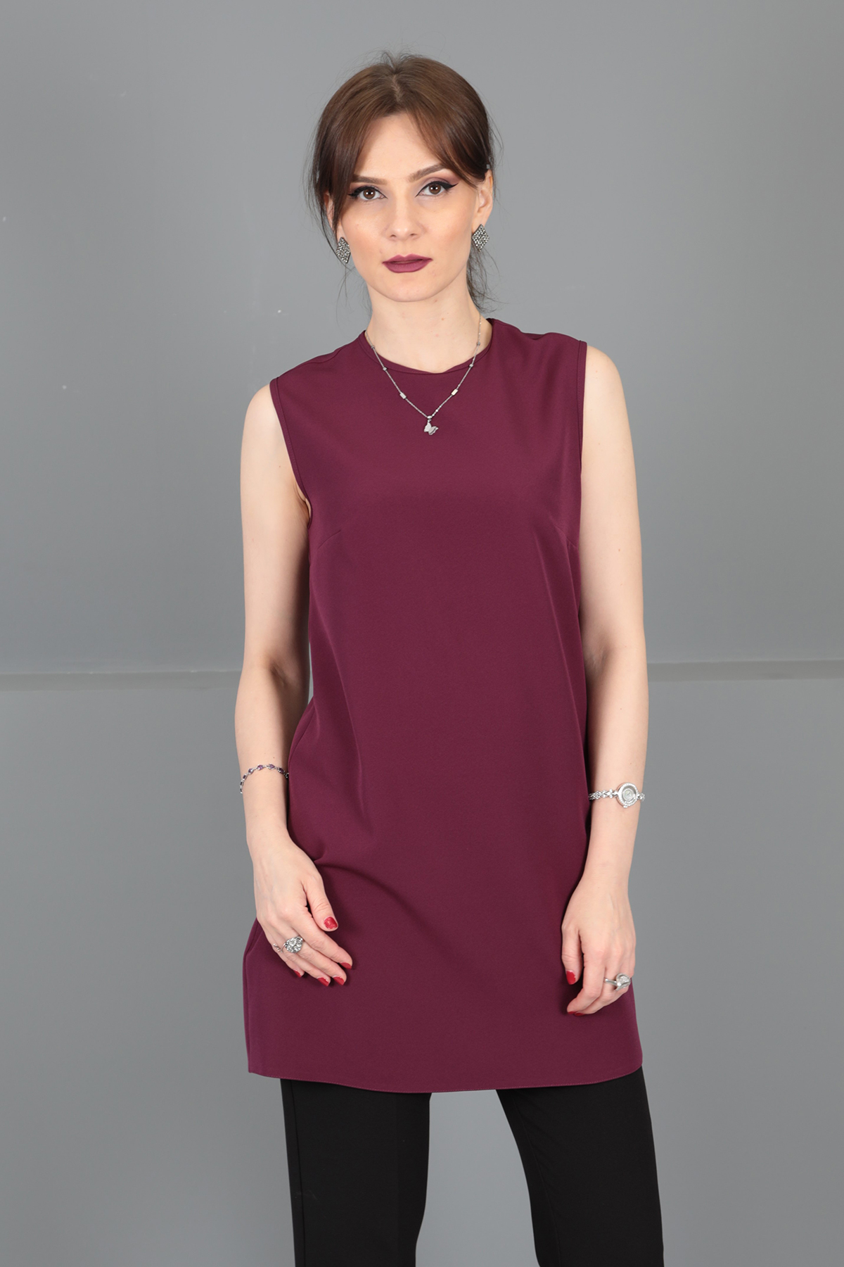 Sıfır Yaka Kolsuz Bluz- Mürdüm - 3001100