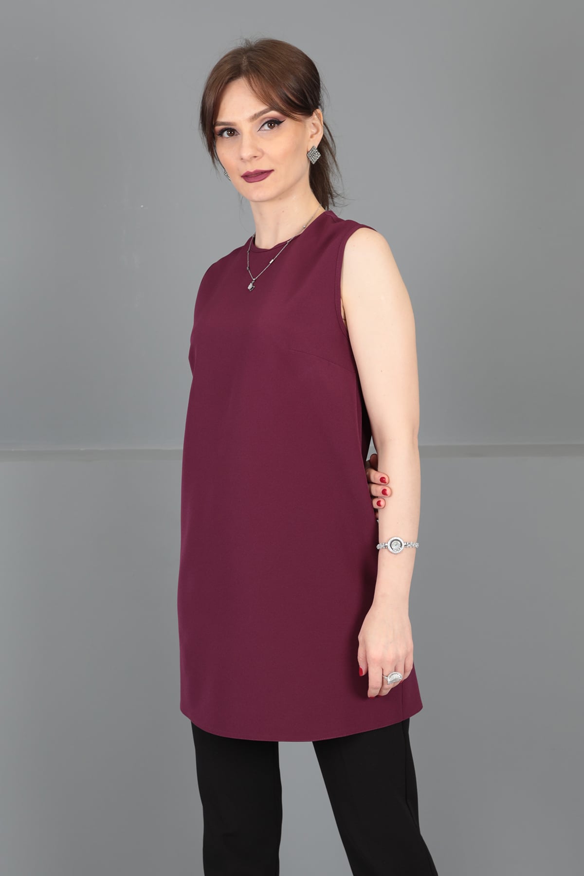 Sıfır Yaka Kolsuz Bluz- Mürdüm - 3001100