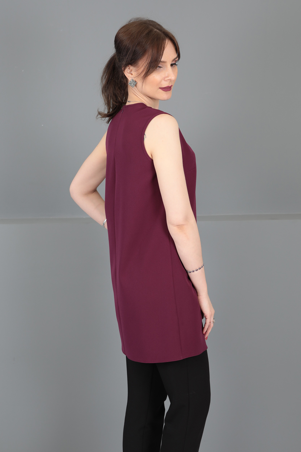 Sıfır Yaka Kolsuz Bluz- Mürdüm - 3001100