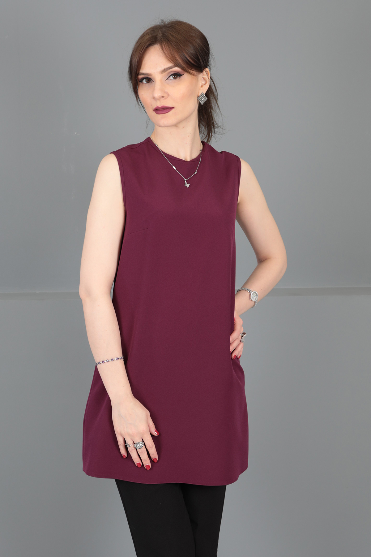 Sıfır Yaka Kolsuz Bluz- Mürdüm - 3001100