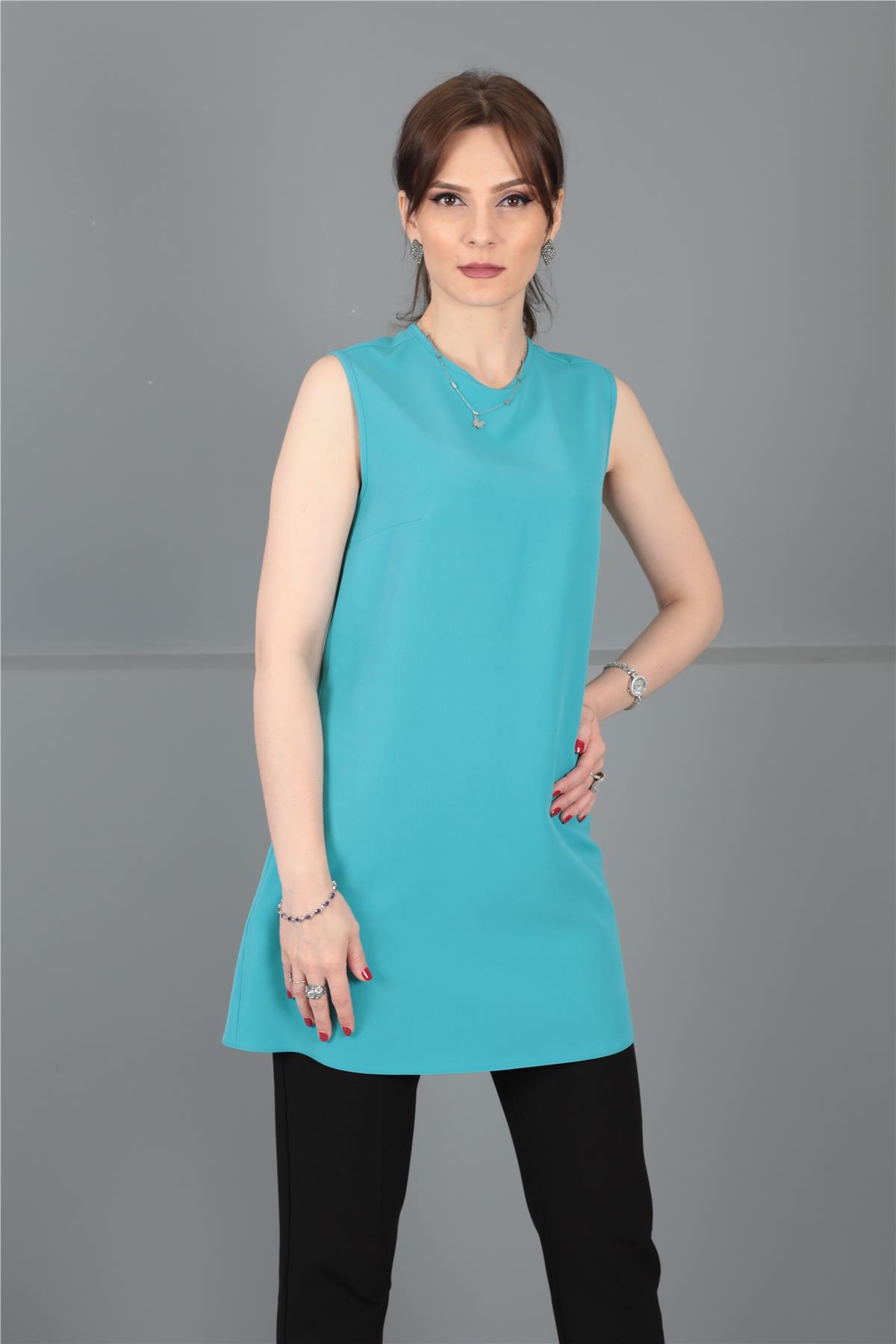 Sıfır Yaka Kolsuz Bluz-Turkuaz - 3001100