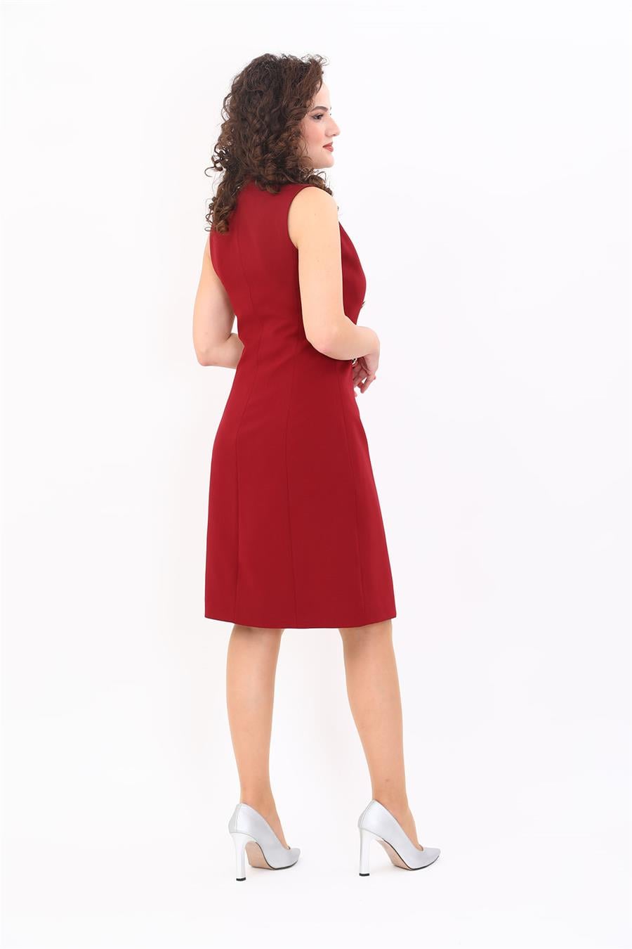 Sıfır Kol Kruvaze Kadın Ceket Elbise-Bordo