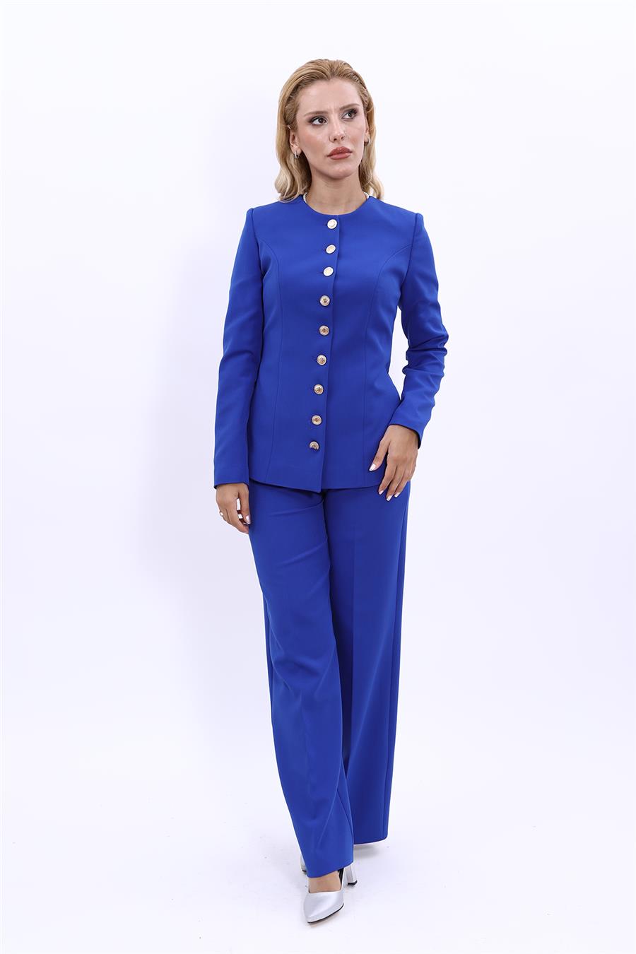 Sıfır Yaka Boydan Düğmeli Ceket & Bol Paça Pantolon-Saks - 1064520