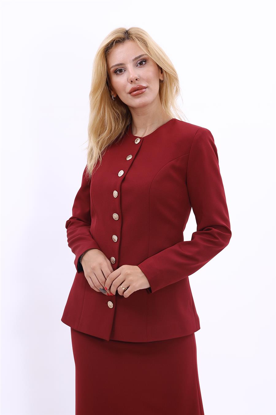 Sıfır Yaka Boydan Düğmeli Ceket-Bordo - 1064100