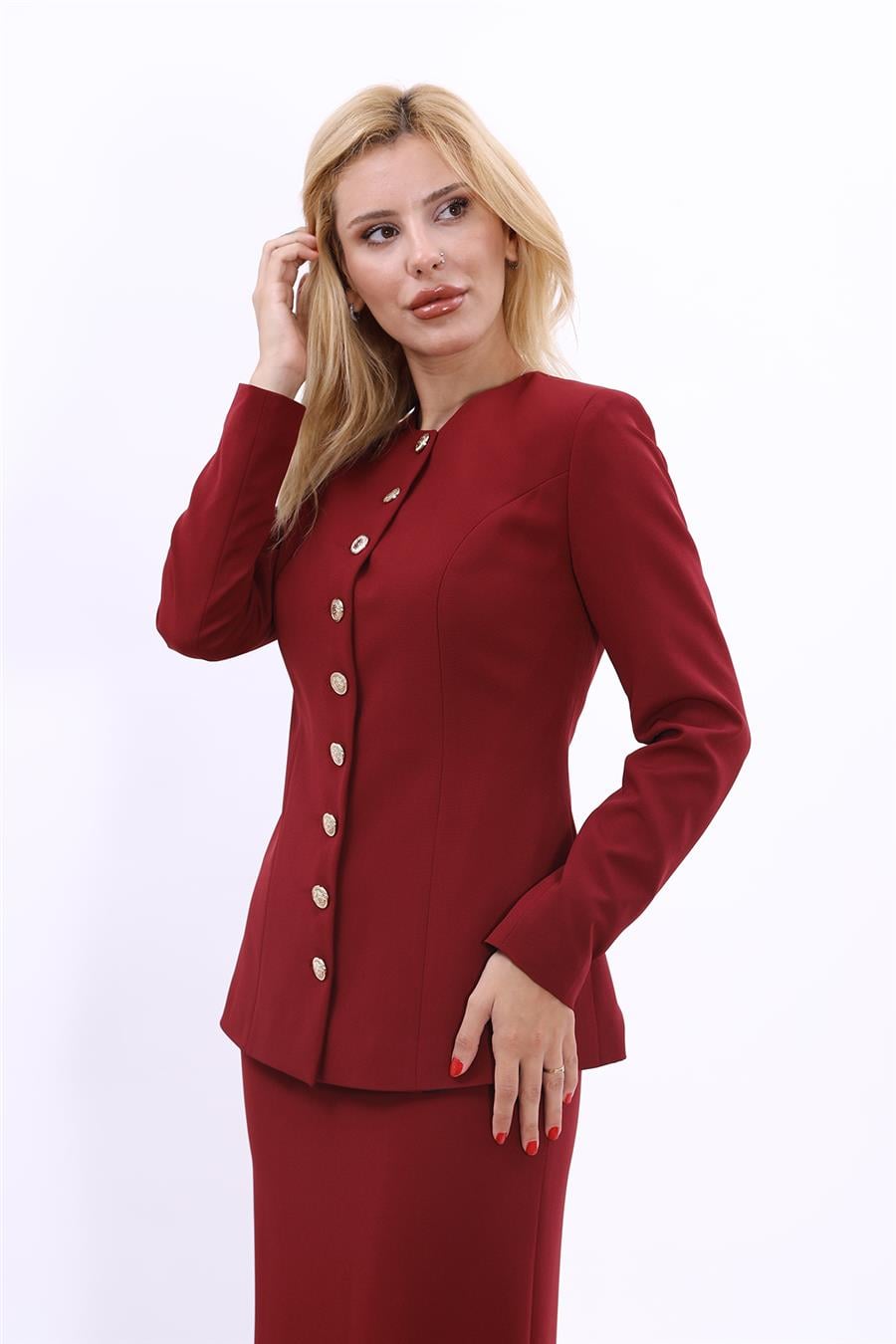 Sıfır Yaka Boydan Düğmeli Ceket-Bordo - 1064100