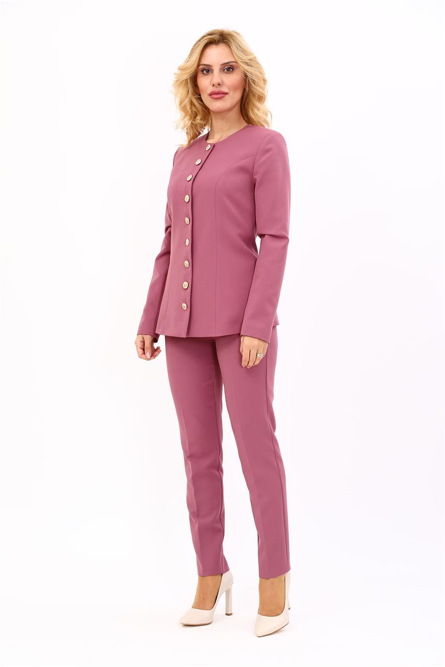Sıfır Yaka Boydan Düğmeli Ceket & Dar Paça Pantolon-Rose - 1064510