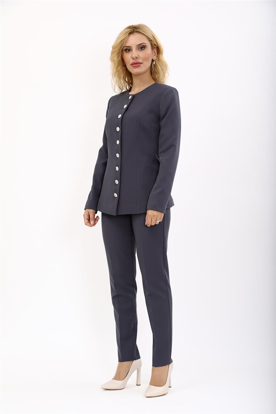 Sıfır Yaka Boydan Düğmeli Ceket & Dar Paça Pantolon-Füme - 1064510