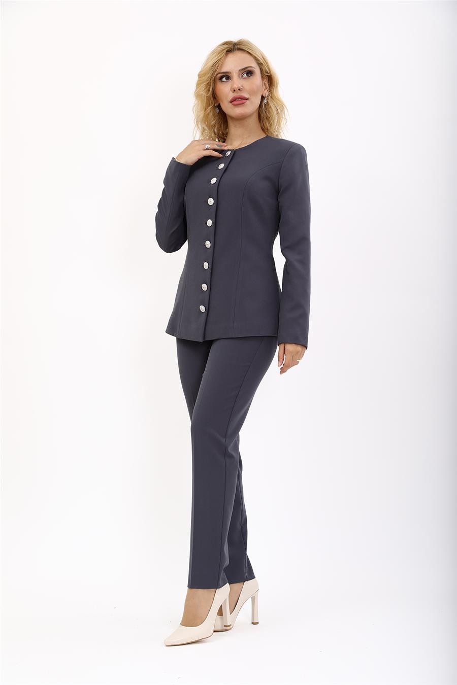 Sıfır Yaka Boydan Düğmeli Ceket & Dar Paça Pantolon-Füme - 1064510