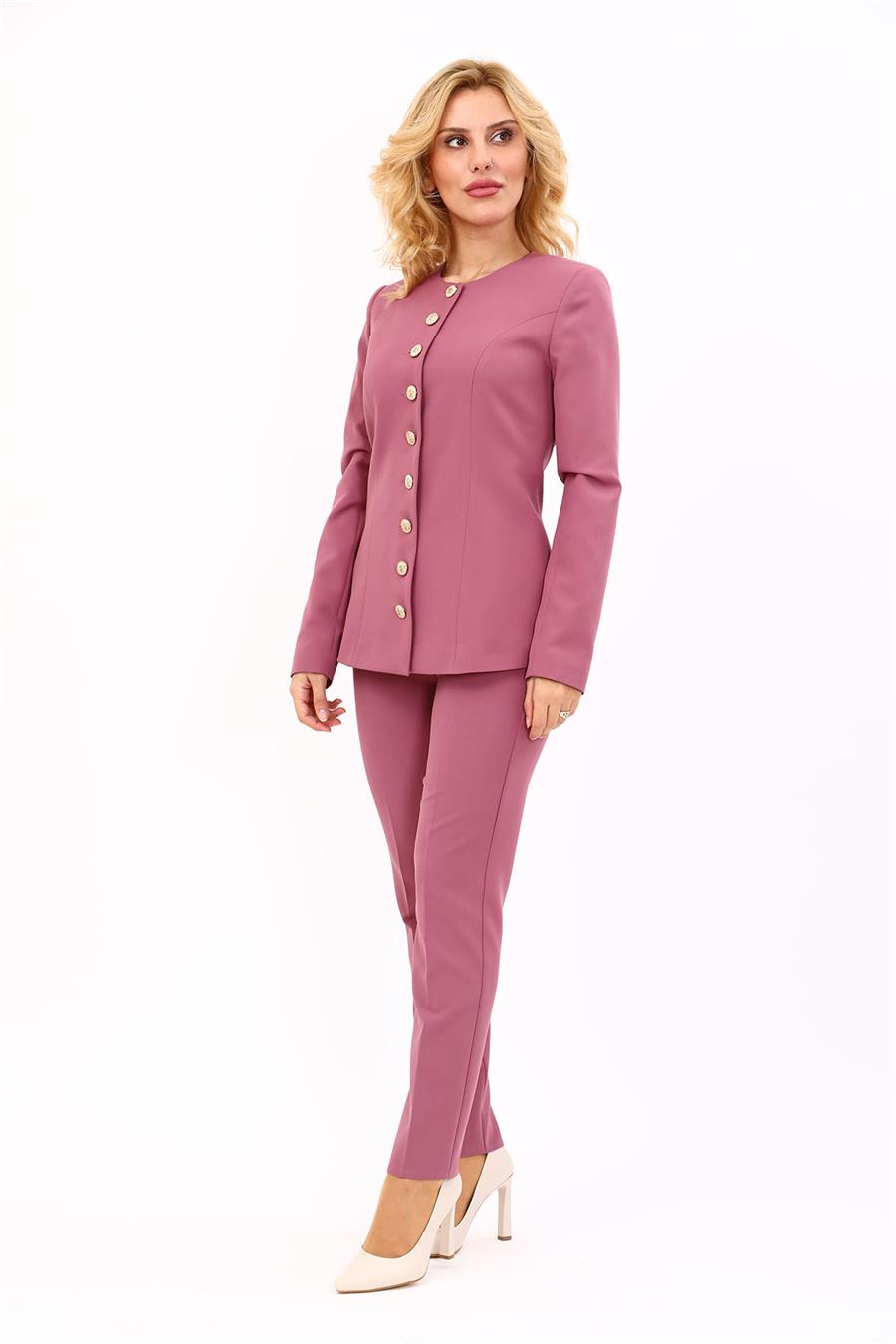 Sıfır Yaka Boydan Düğmeli Ceket & Dar Paça Pantolon-Rose - 1064510