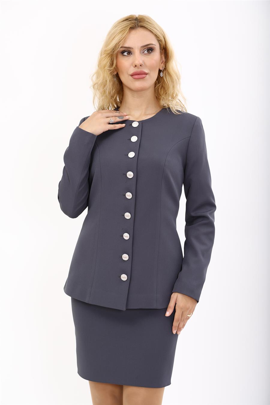 Sıfır Yaka Boydan Düğmeli Ceket-Füme - 1064100