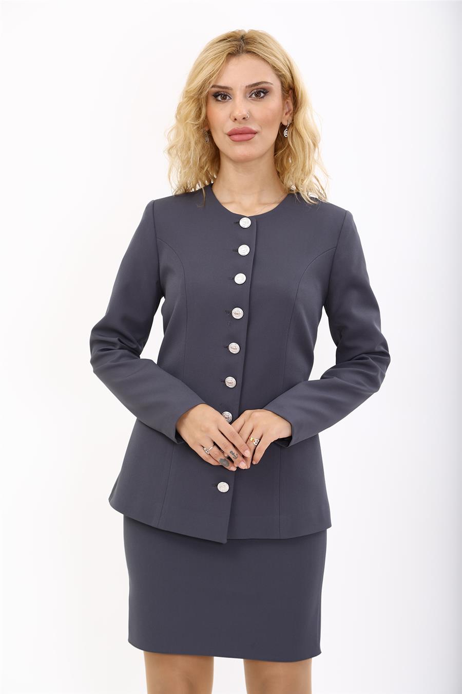 Sıfır Yaka Boydan Düğmeli Ceket-Füme - 1064100