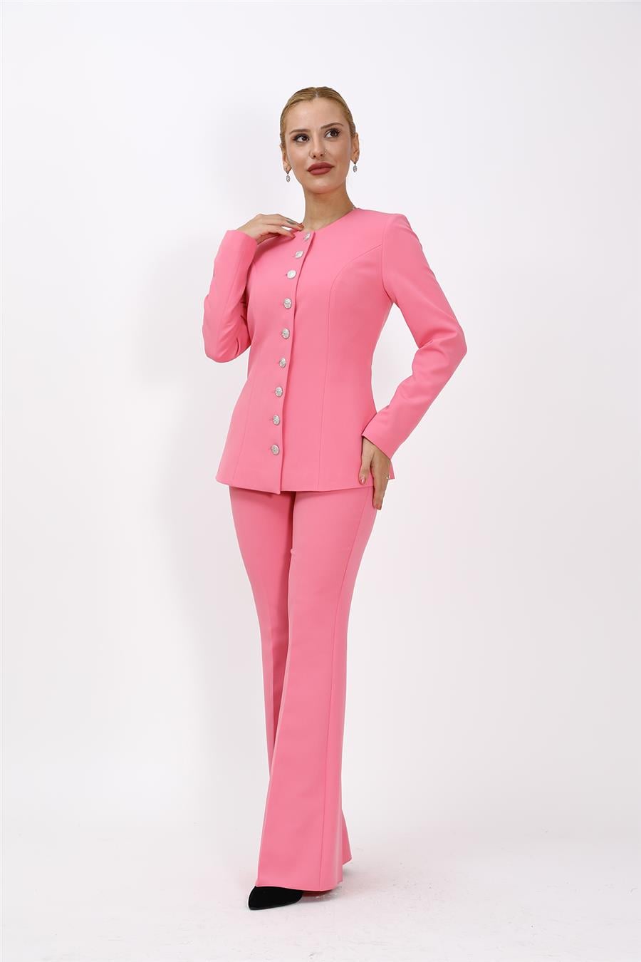 Sıfır Yaka Boydan Düğmeli Ceket & İspanyol Paça Pantolon-Pembe
