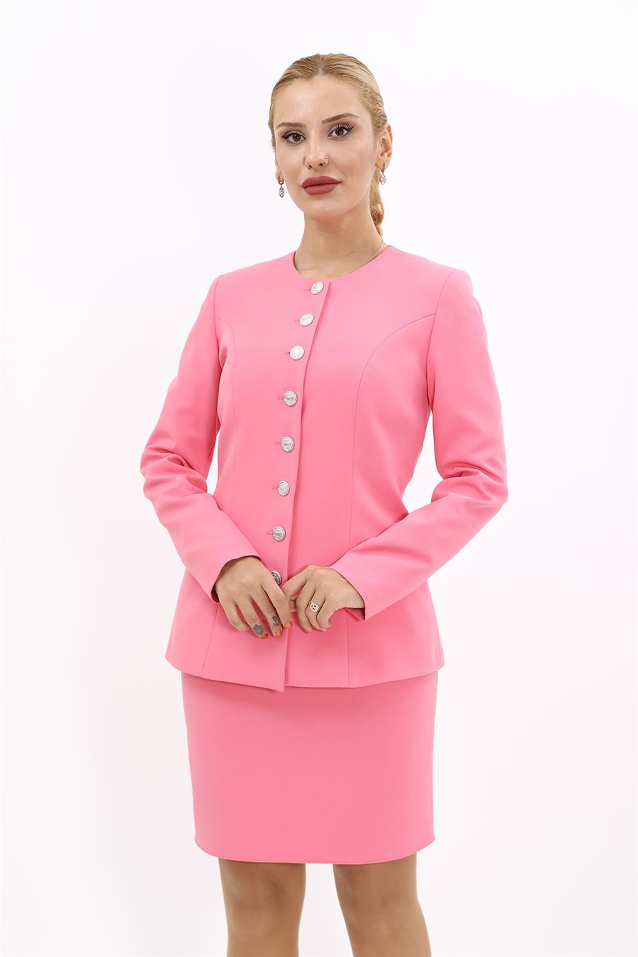 Sıfır Yaka Boydan Düğmeli Ceket-Pembe - 1064100