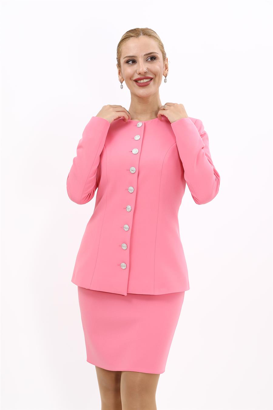 Sıfır Yaka Boydan Düğmeli Ceket-Pembe - 1064100