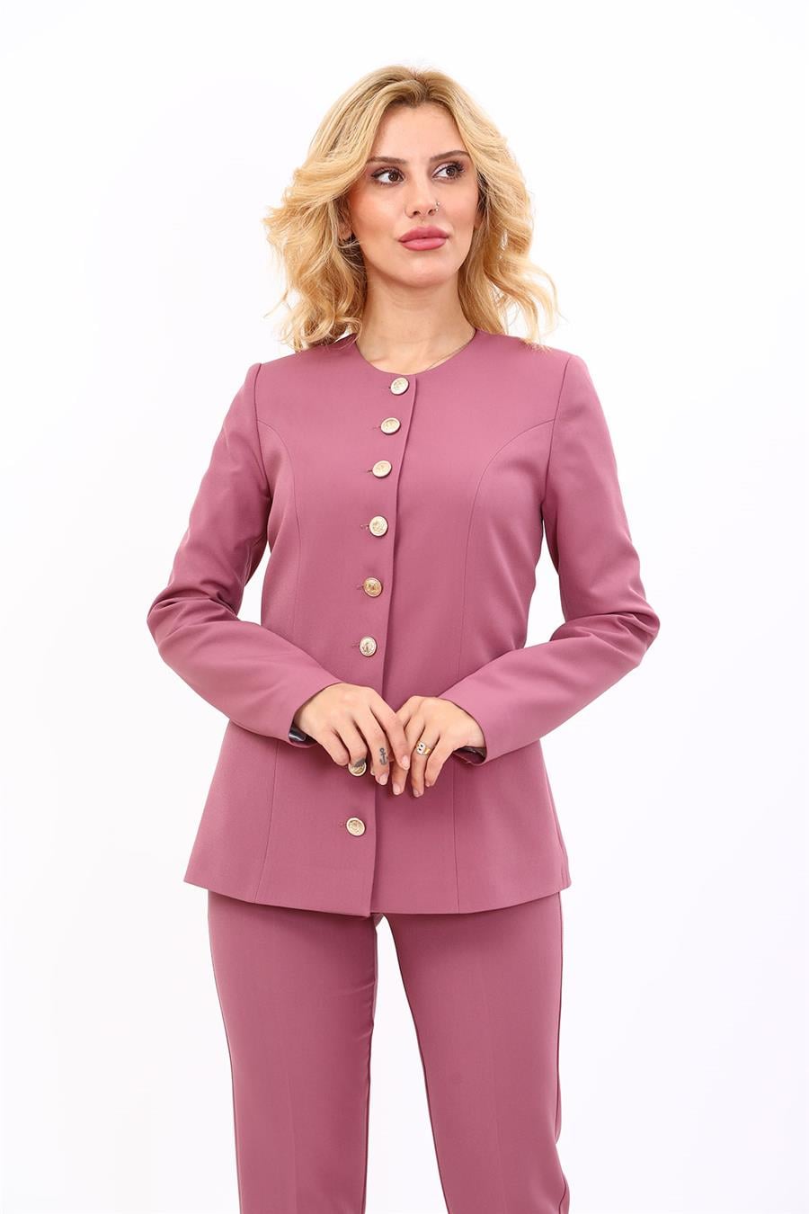 Sıfır Yaka Boydan Düğmeli Ceket-Rose