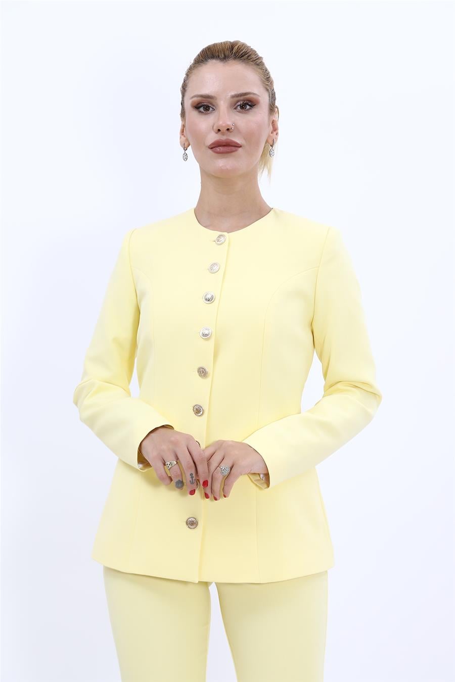 Sıfır Yaka Boydan Düğmeli Ceket-Sarı - 1064100