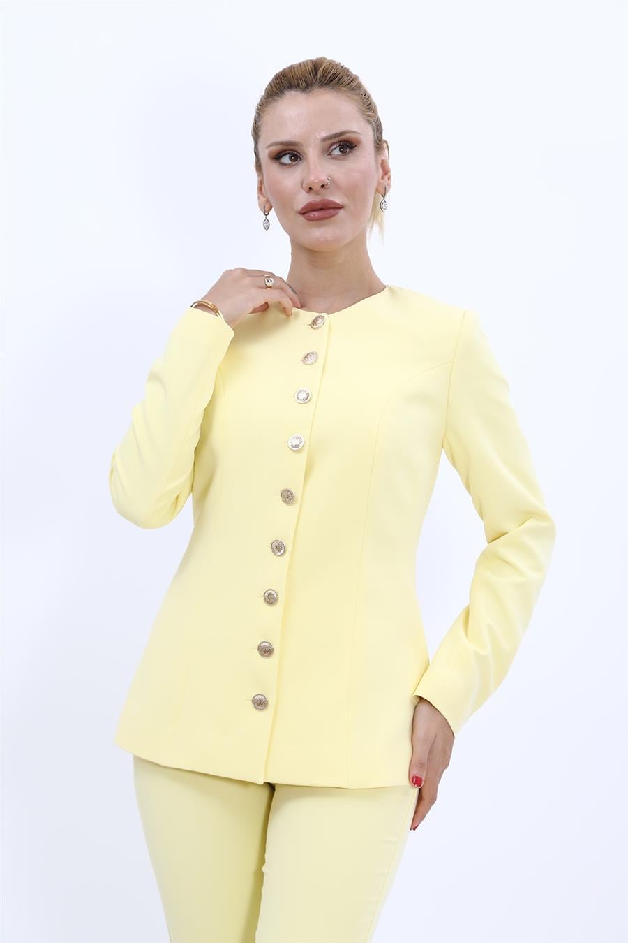 Sıfır Yaka Boydan Düğmeli Ceket-Sarı - 1064100